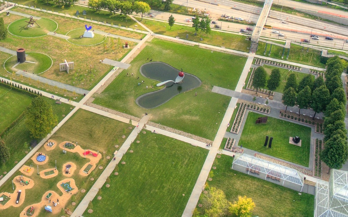 Minneapolis, Minnesota Skyline seen from above by Drone in Spring